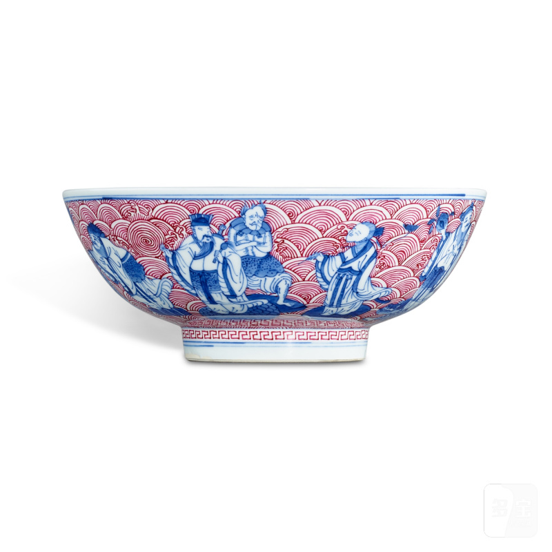 An underglaze-blue and puce-enamelled 'eight immortals' bowl, Mark and period of Tongzhi | 清同治 青花胭脂紅彩八仙過海圖盌 《大清同治年製》款 - 图1